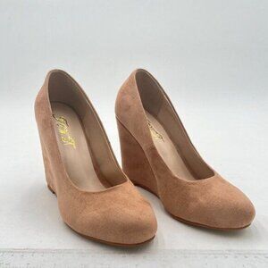 FOWT Nude Suede Wedge Pumps Almond Toe Comfy Upper Casual Dress Shoes